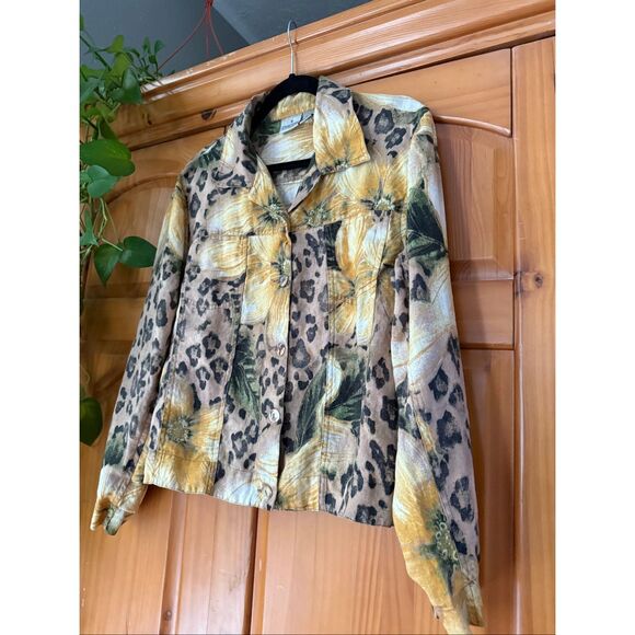Chico’s 100% Linen Button Front Jacket Size 2 – Floral Leopard Print, - Picture 3 of 9